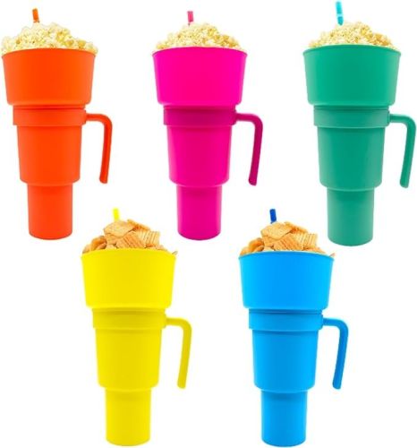 5 Pcs Stadium Tumbler With Snack Bowl, 2 In 1 Travel Cup With Snack Bowl, Cup Snack With Bowl On Top And Straw, Leak Proof Snack Cup And Bowl Combo 32